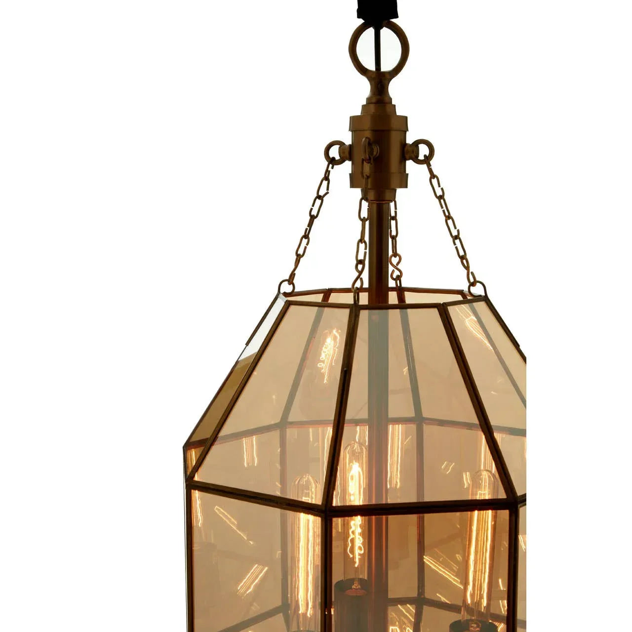 Brass and glass pendant ceiling light with exposed filament bulbs and decorative chain