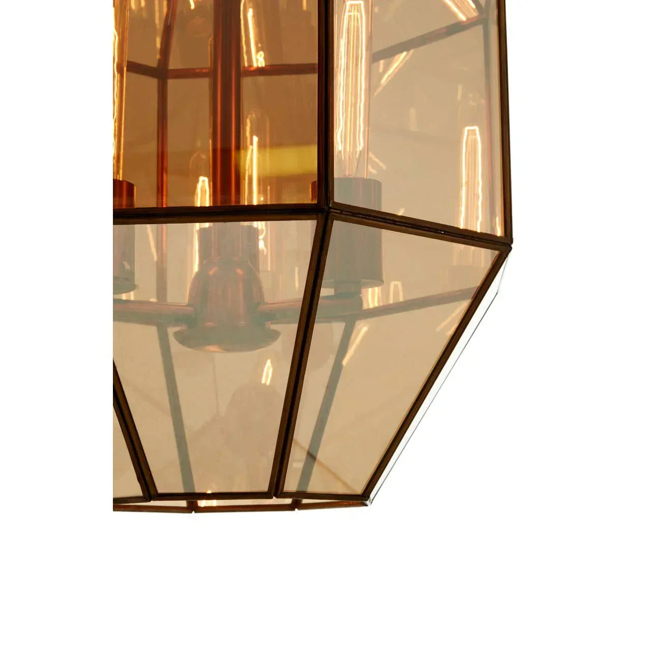 Geometric glass pendant light with bronze frame and exposed bulbs