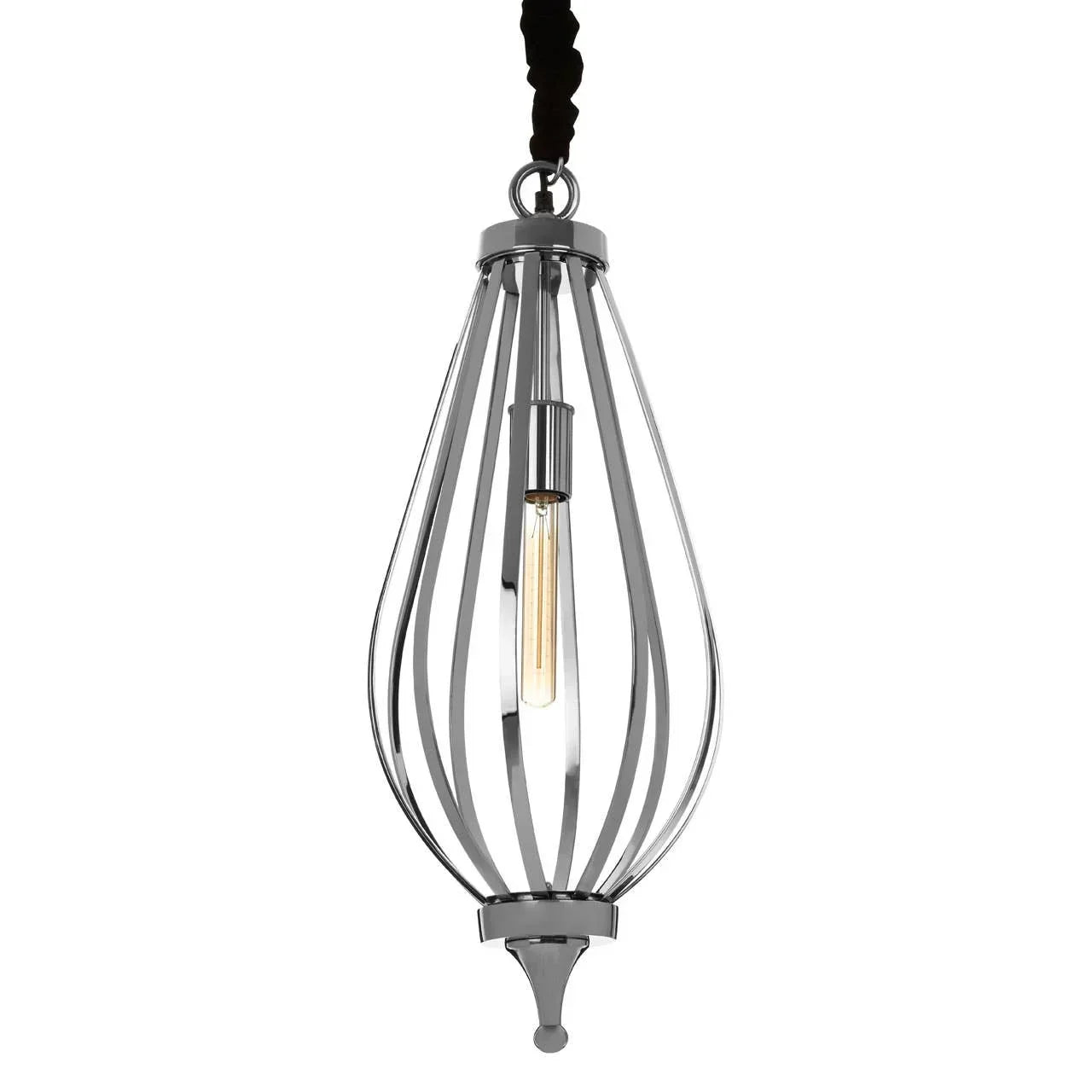 Chrome metal pendant light with open cage design and exposed bulb on white background