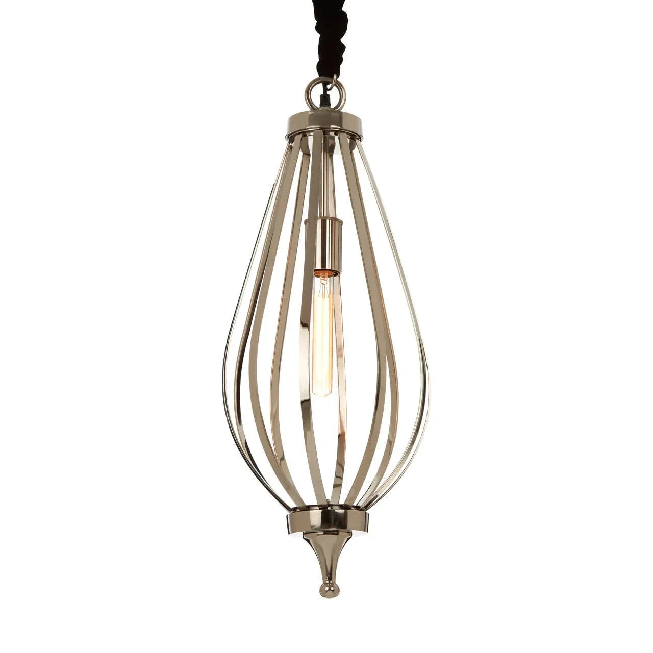 Modern metal pendant light with open teardrop cage design and exposed filament bulb
