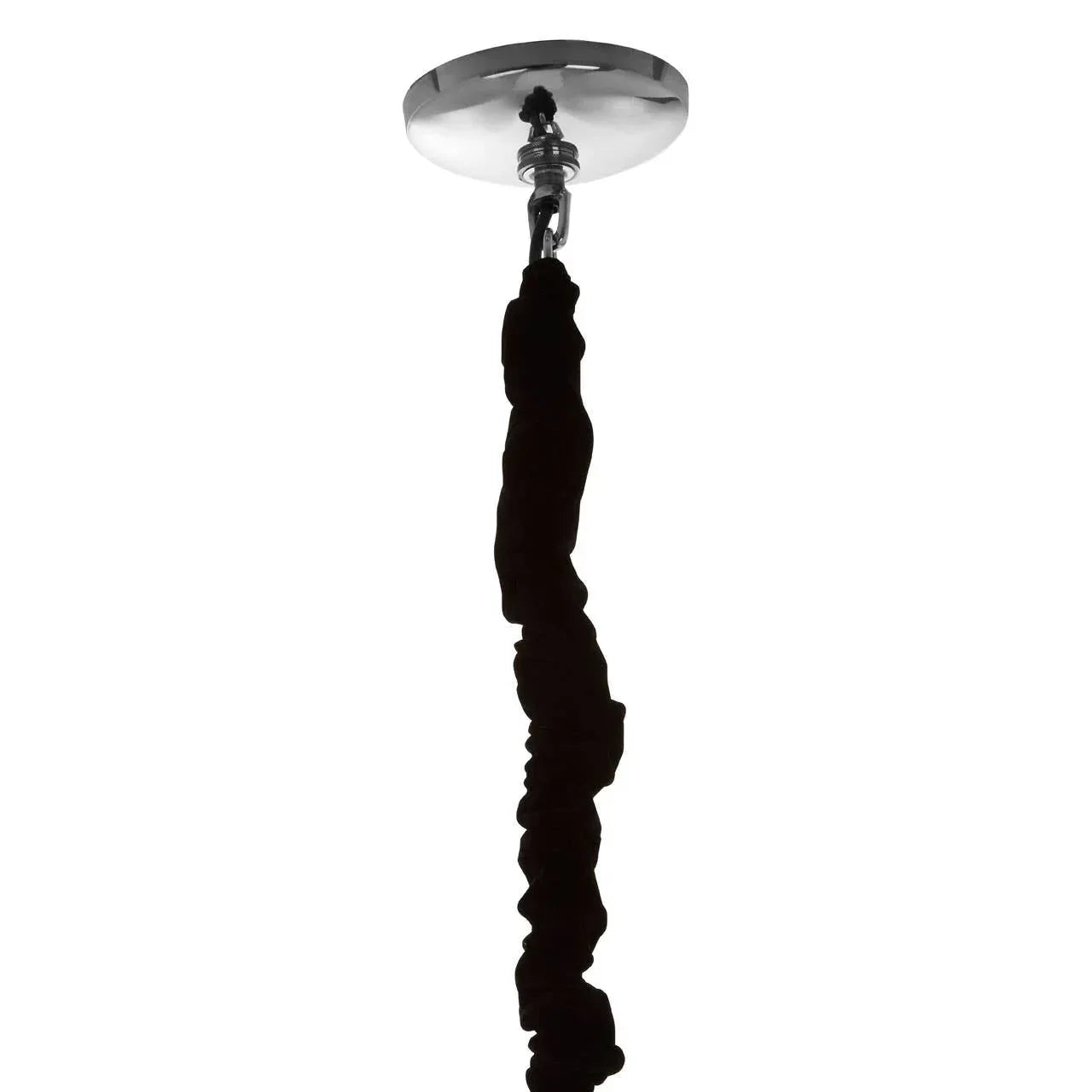 Chrome ceiling rose with black fabric pendant light cable hanging vertically