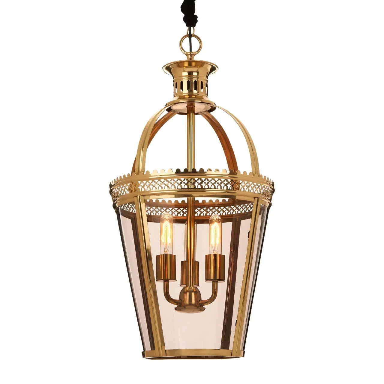 Brass lantern pendant light with glass panels and three exposed bulbs, hanging style