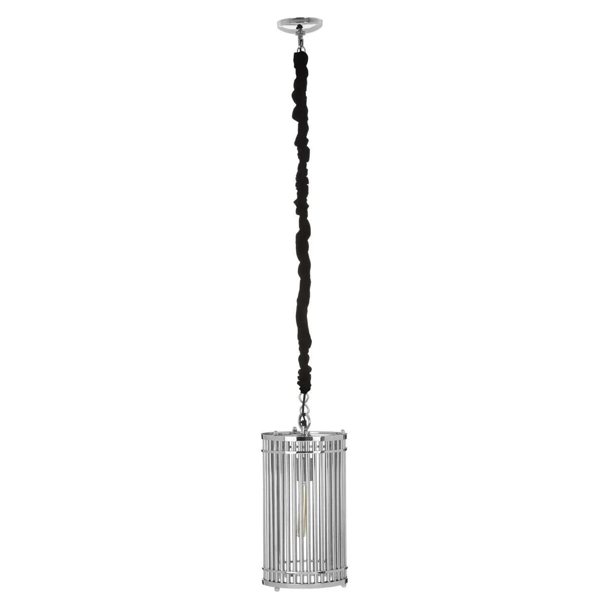 Chrome metal pendant light with vertical rods and exposed bulb, hanging from ceiling