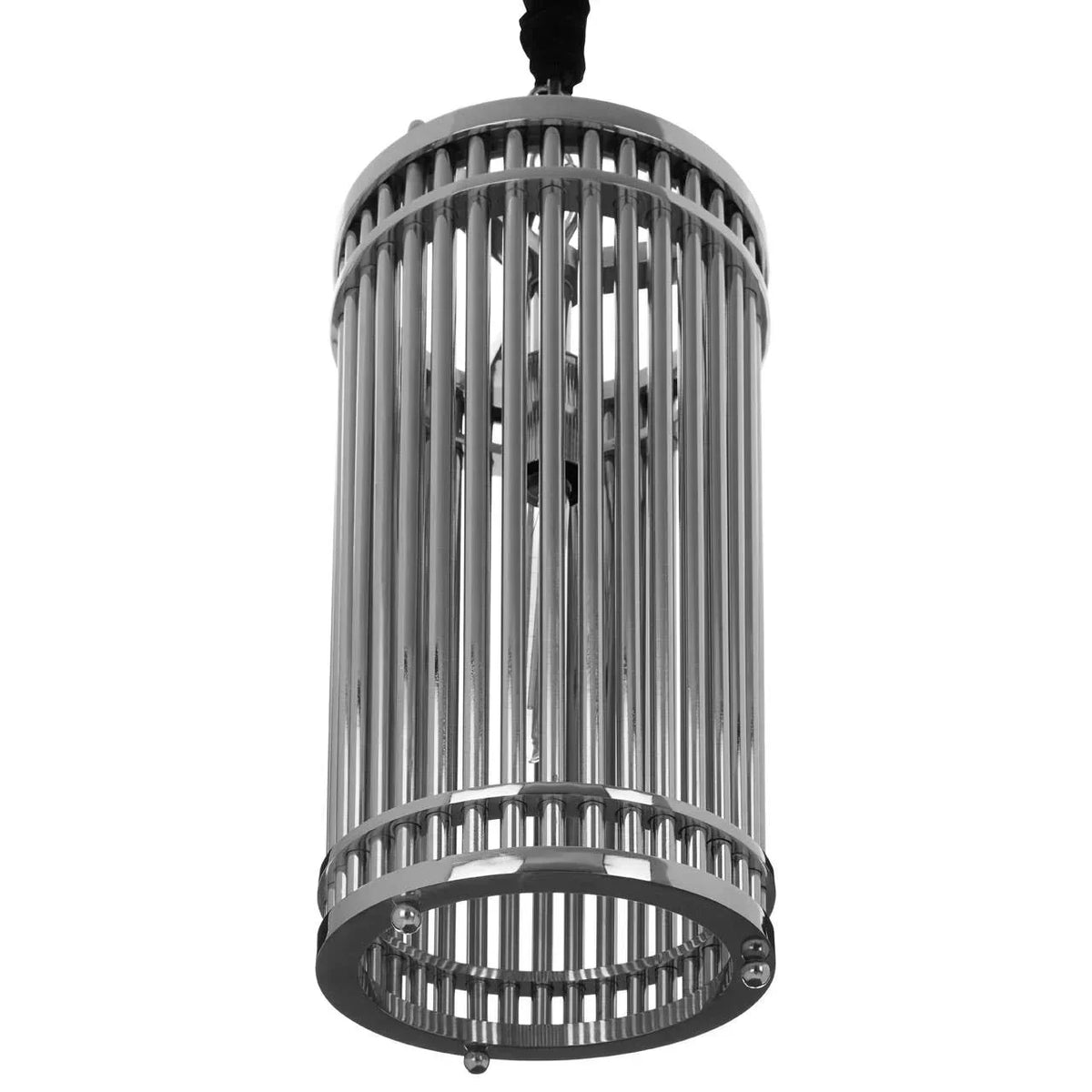 Chrome metal pendant light with cylindrical cage design hanging against white background