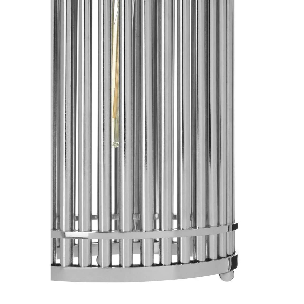 Chrome metal table lamp base with vertical rod design and cylindrical shape