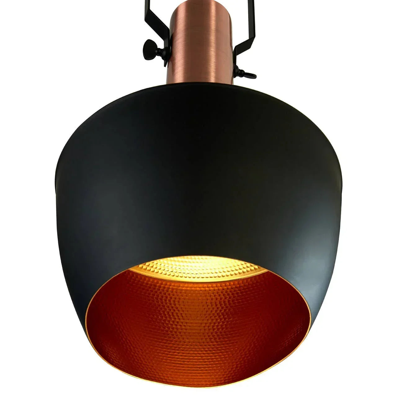 Black pendant light with copper textured interior and warm glow, close-up view
