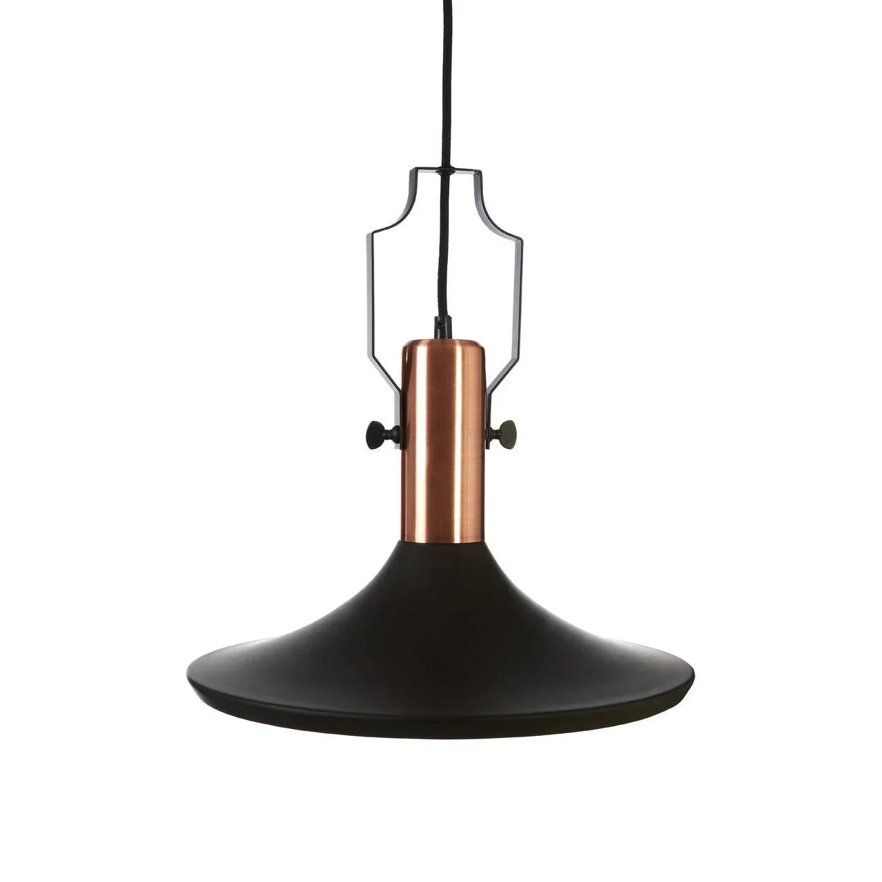 Modern black and copper pendant light with flared shade and metal fixture, front view