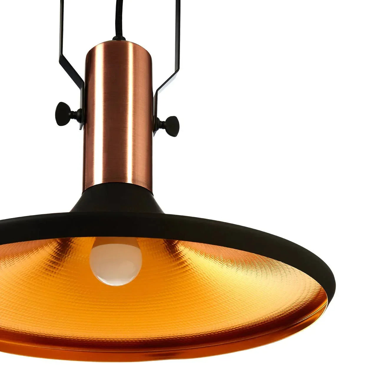 Copper and black pendant ceiling light with amber textured shade and visible bulb
