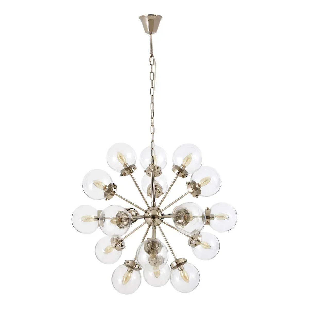 Modern chandelier with nickel finish and clear glass globe lights hanging by a chain