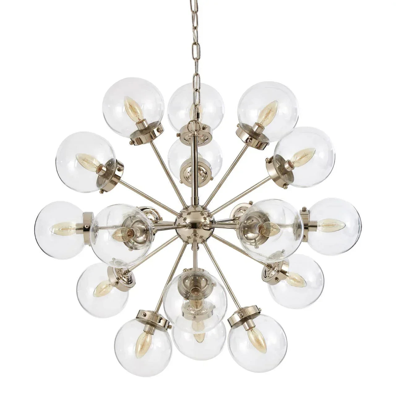Modern chandelier with chrome arms and clear glass globe shades, viewed from below