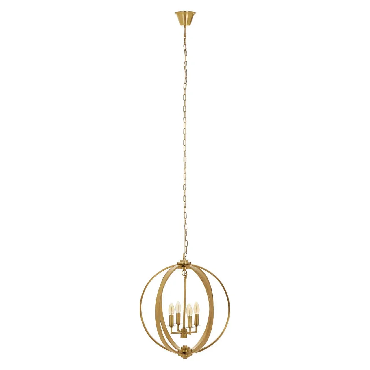 Gold metal orb chandelier with exposed bulbs and chain suspension