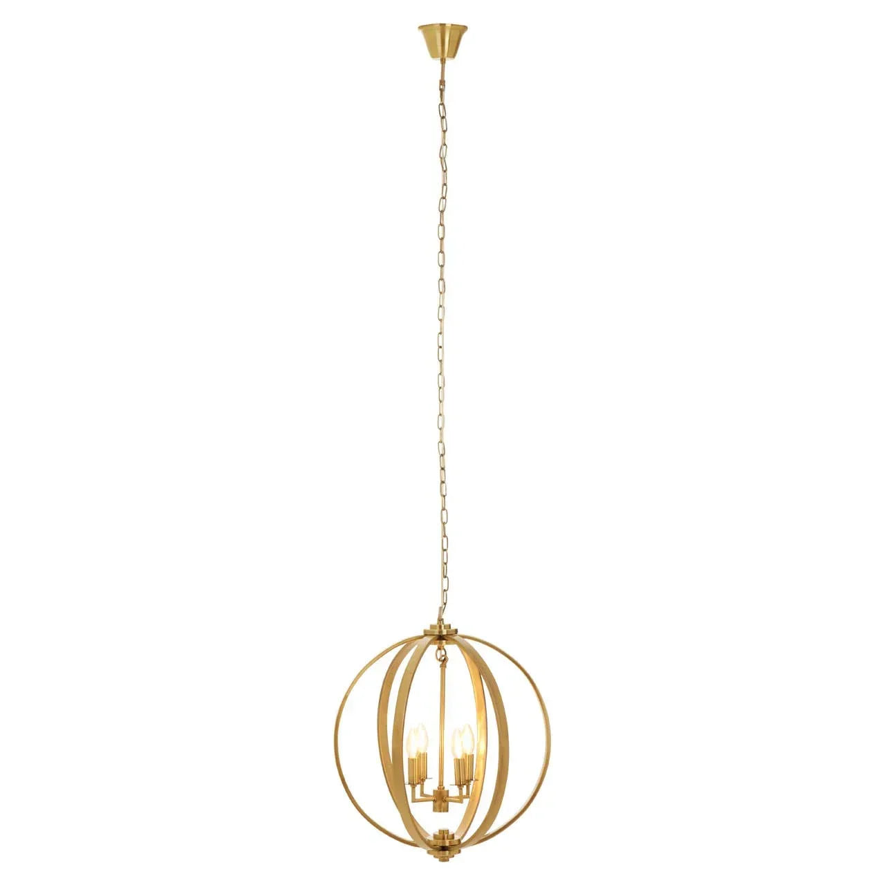 gold pendant light fixture with spherical open frame and exposed bulbs on hanging chain