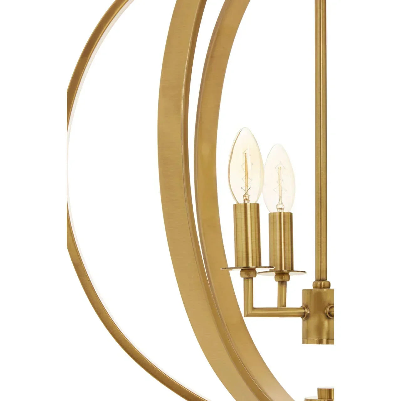 Close-up of brushed gold pendant light with two candle bulb fittings