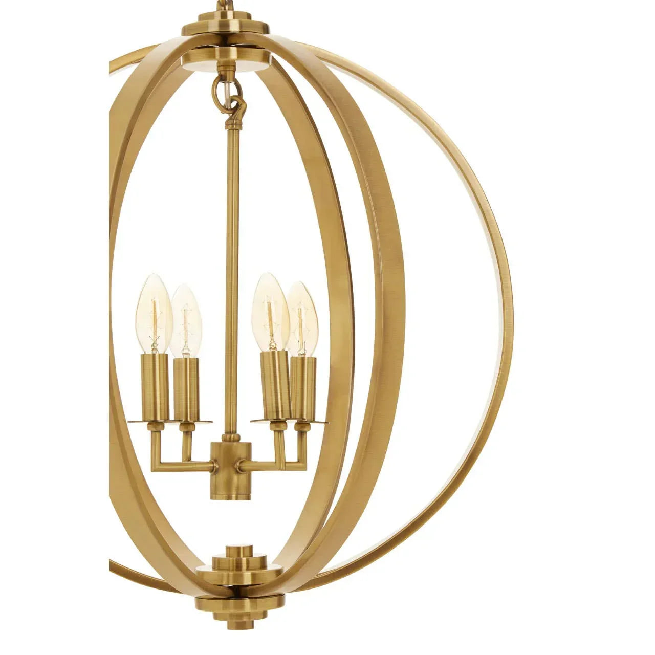Gold metal chandelier with orb frame and four exposed candle bulbs