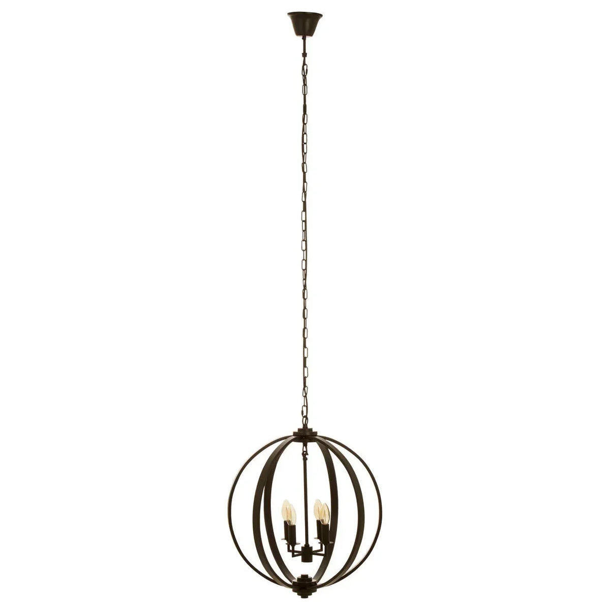 Black metal orb pendant ceiling light with exposed bulbs and chain suspension