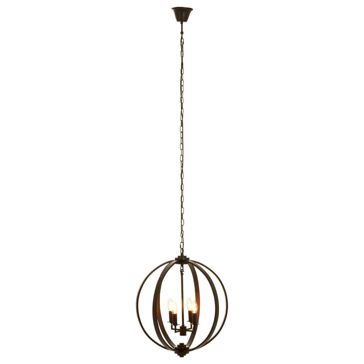 Black metal orb pendant ceiling light with exposed bulbs and chain hanging fixture