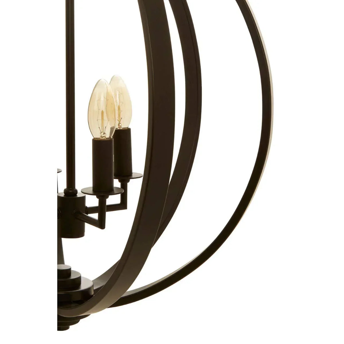 Close-up of black metal chandelier frame with two candle-style light bulbs