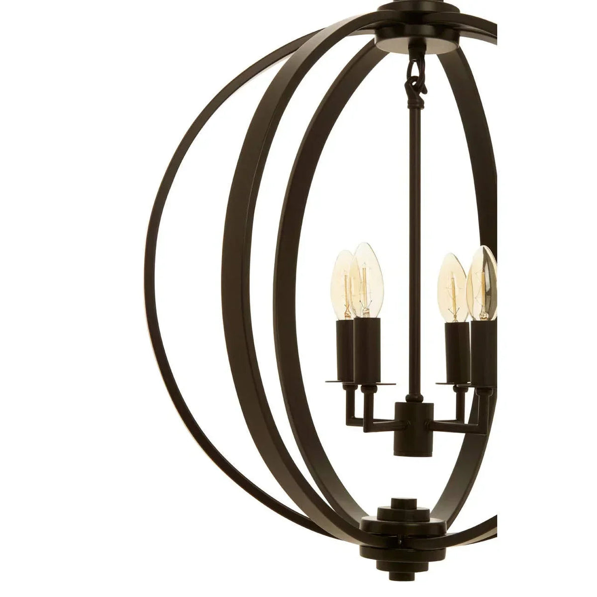 Close-up of black orb pendant light with exposed bulbs