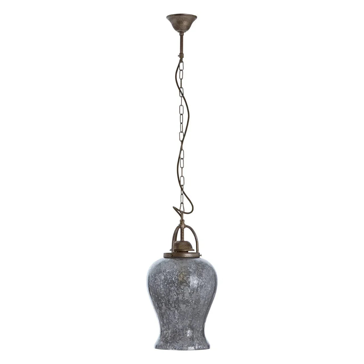 Grey glass pendant light with antique metal chain and bell-shaped shade