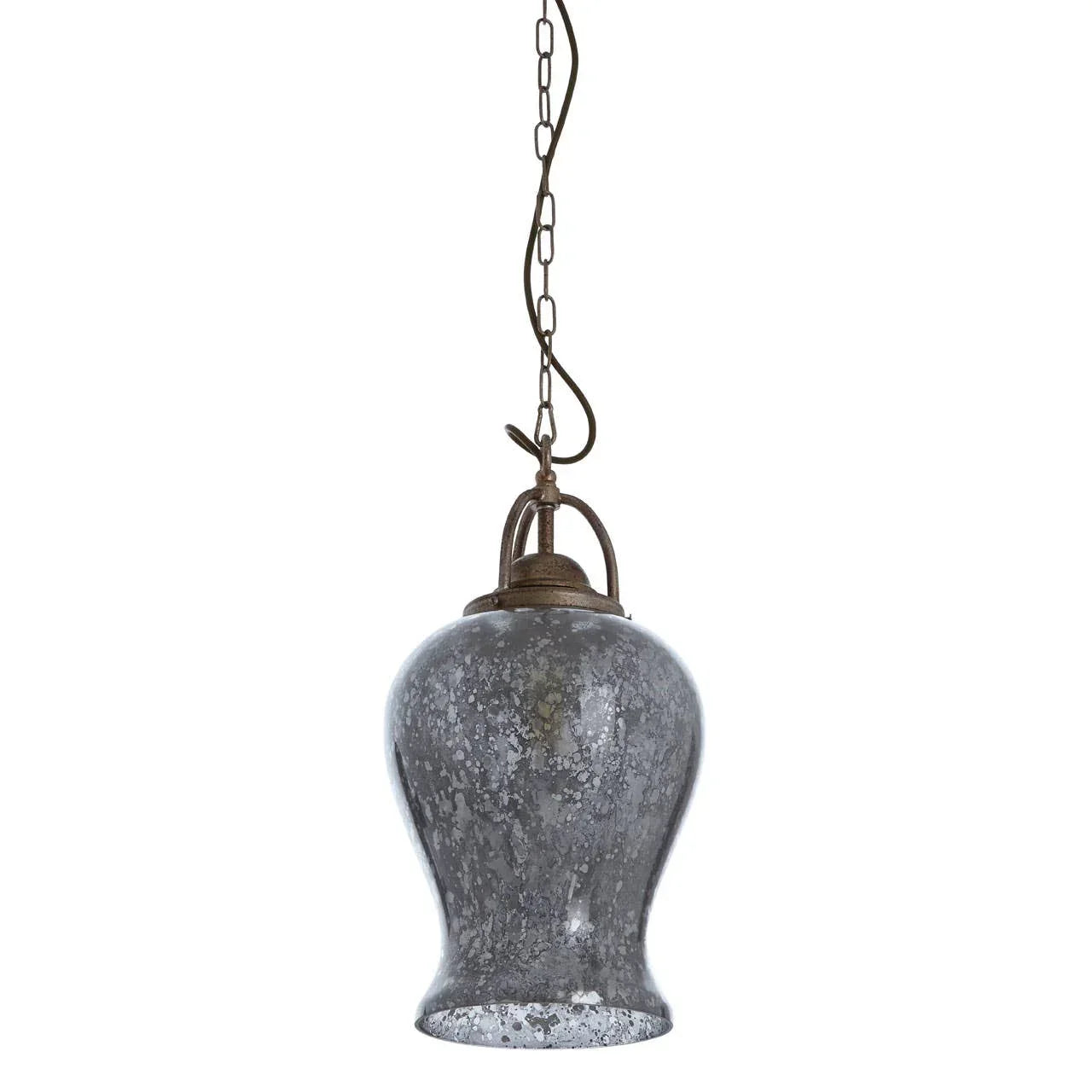 Antique glass pendant light with metal chain and weathered finish