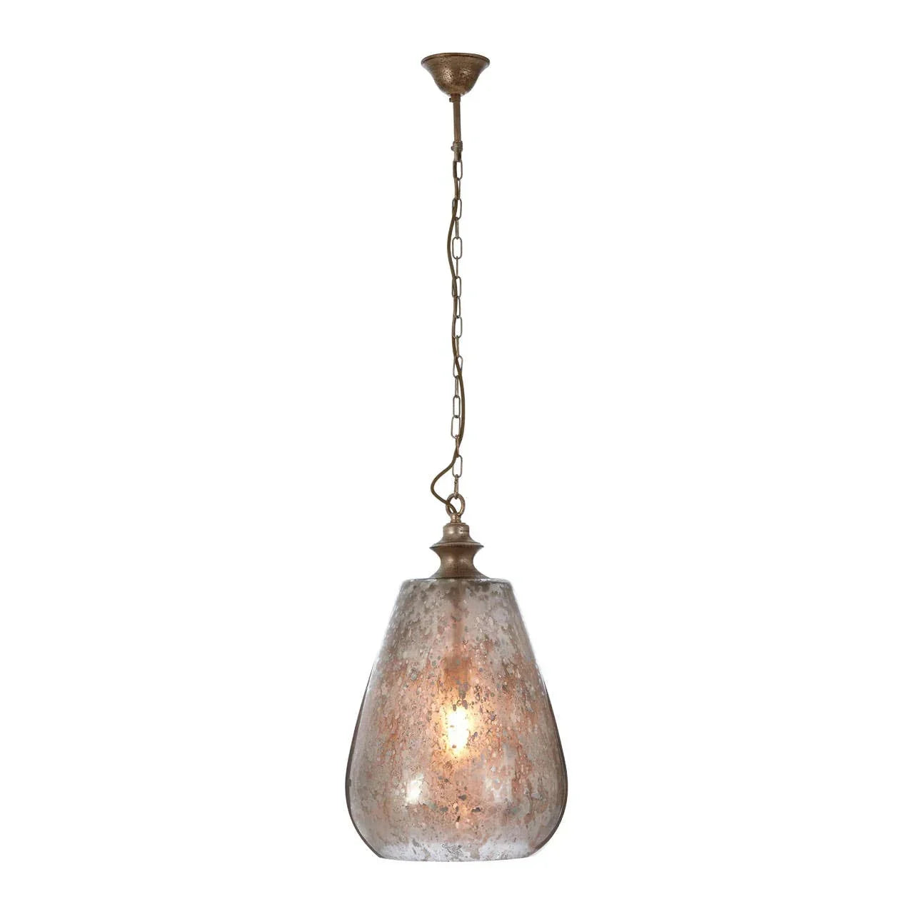Rustic glass pendant light with antique brass chain and distressed finish