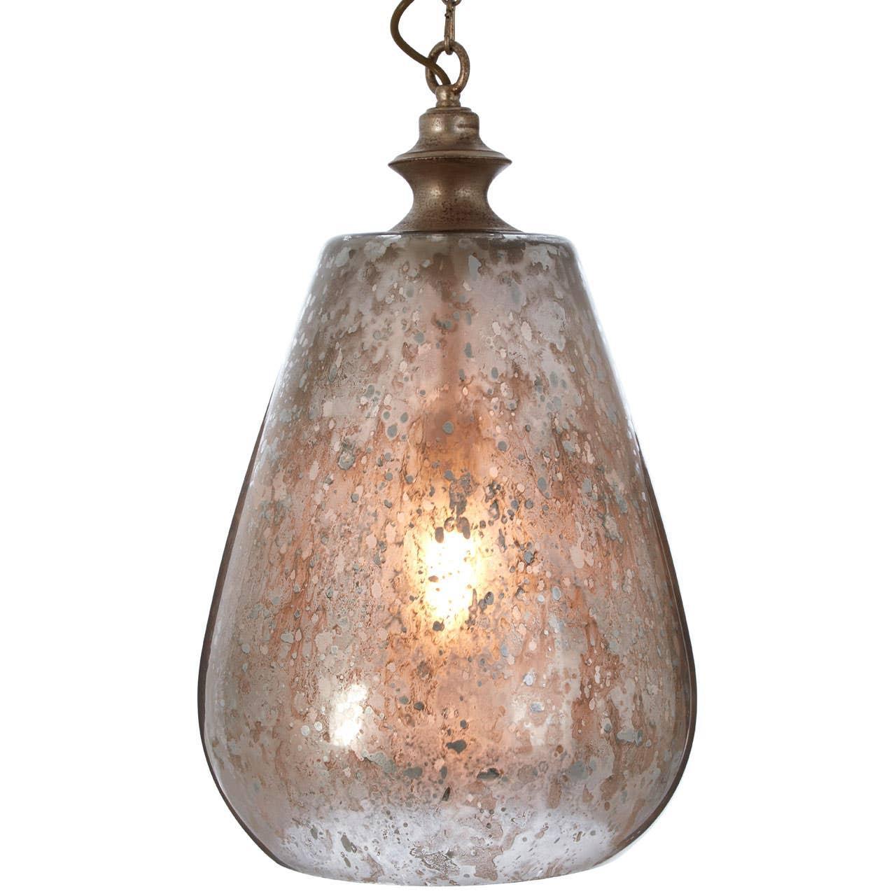 Antique glass pendant light with mottled bronze finish and warm glowing bulb