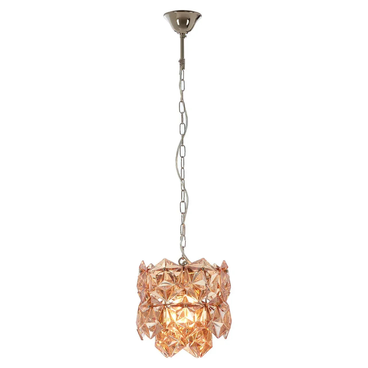 Crystal pendant light with gold geometric pattern hanging from silver chain