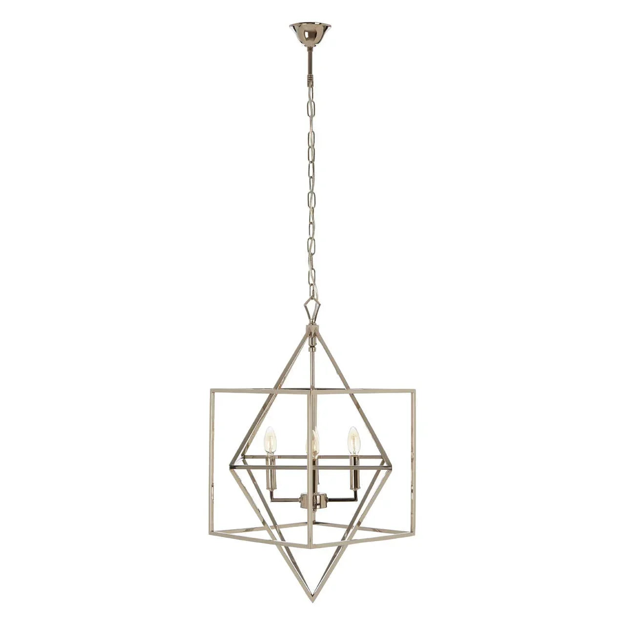 Geometric pendant light with metallic frame and three bulbs hanging from ceiling chain
