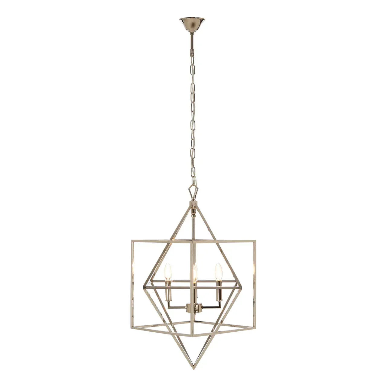 Geometric metal pendant ceiling light with three candle bulbs and chain suspension