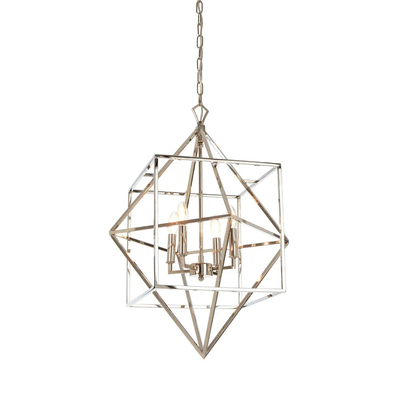 Geometric chrome pendant light with four candle-style bulbs and modern metal frame
