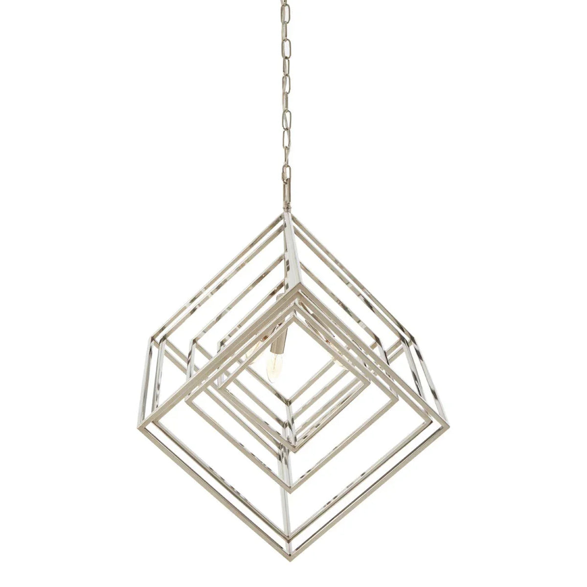 Chrome geometric pendant light with open cube frame and visible bulb