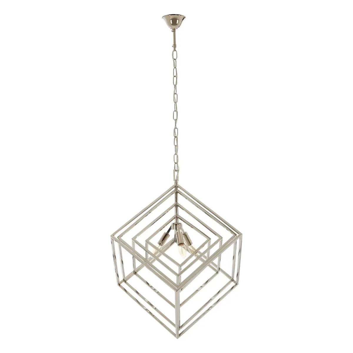 Modern geometric pendant light with layered metal cube frame and exposed bulbs