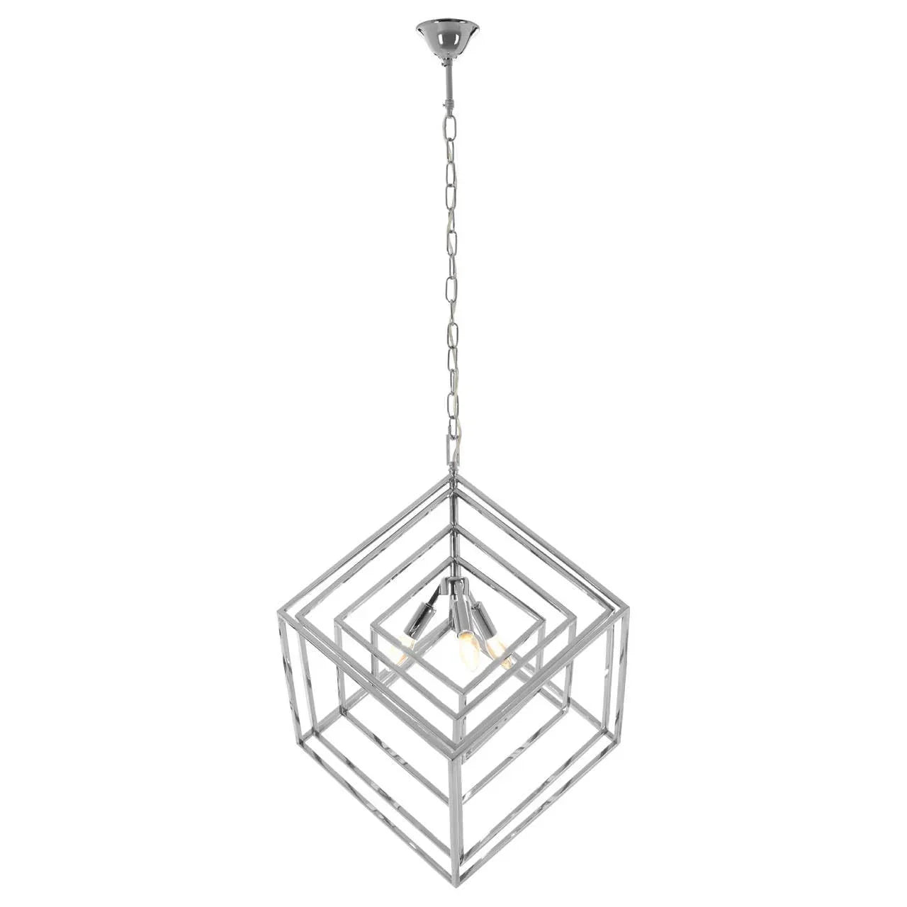 Modern chrome pendant light with geometric metal cube frame and exposed bulbs