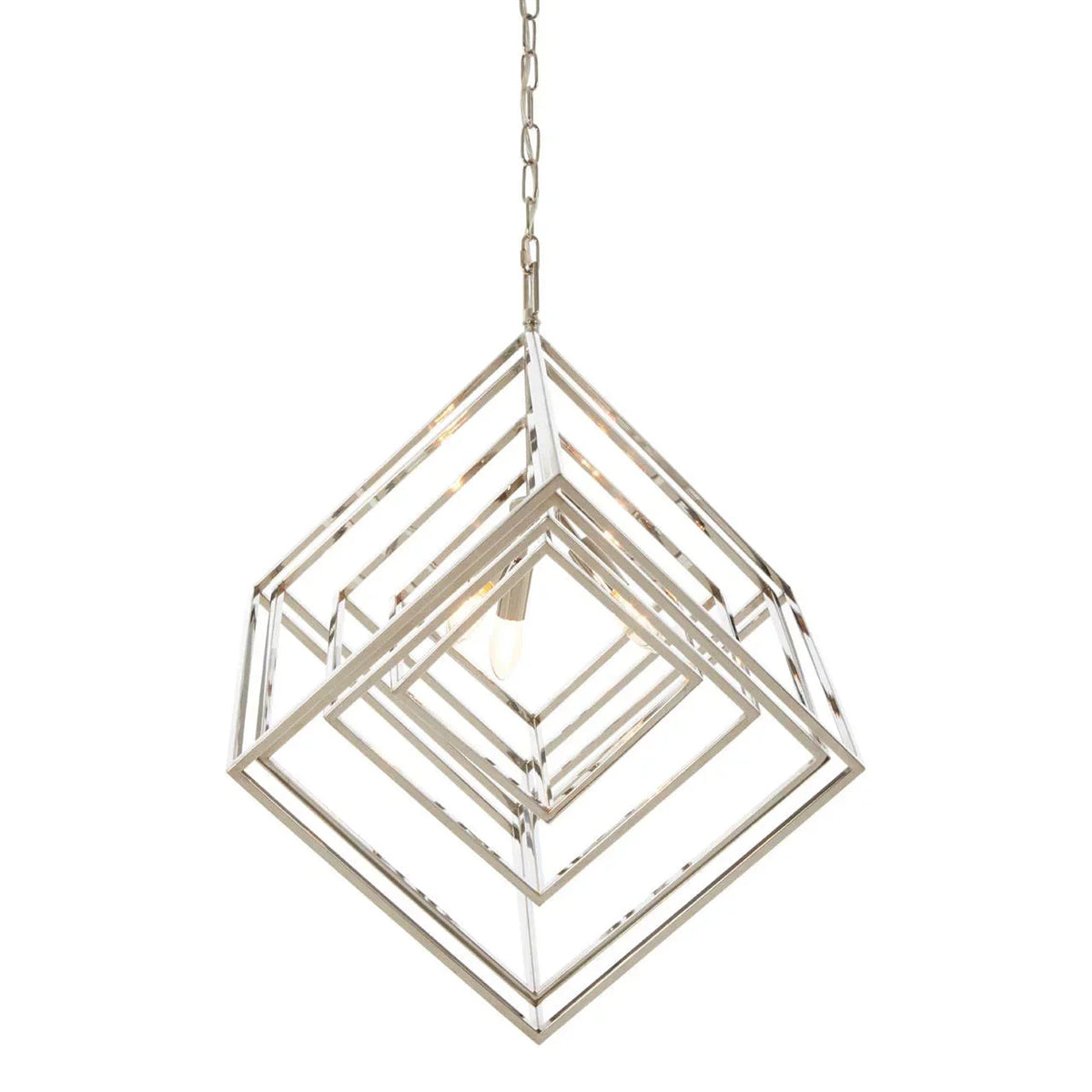 Chrome geometric pendant light with layered square frames and central bulb, hanging on chain