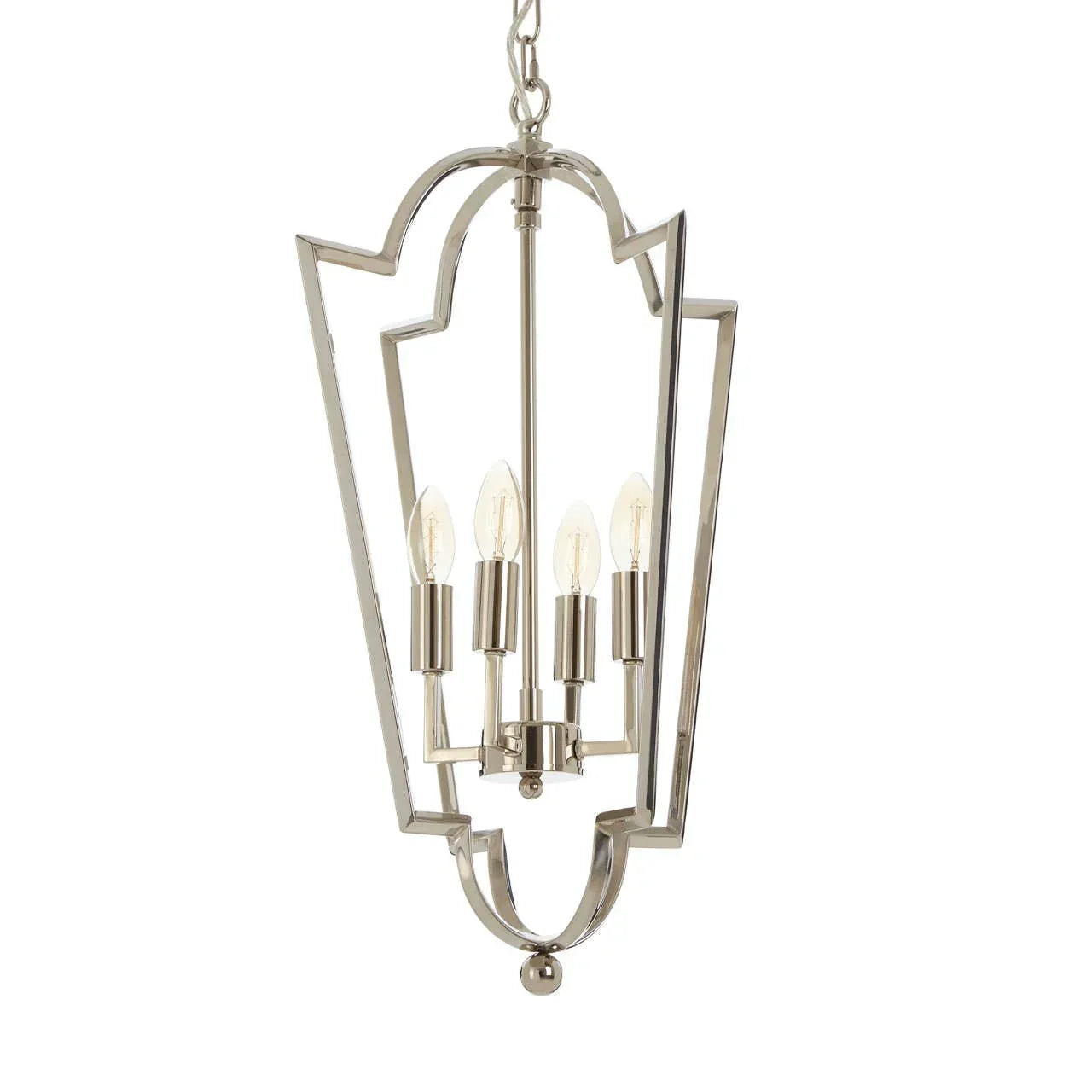Modern chrome pendant ceiling light with four candle bulbs and geometric metal frame