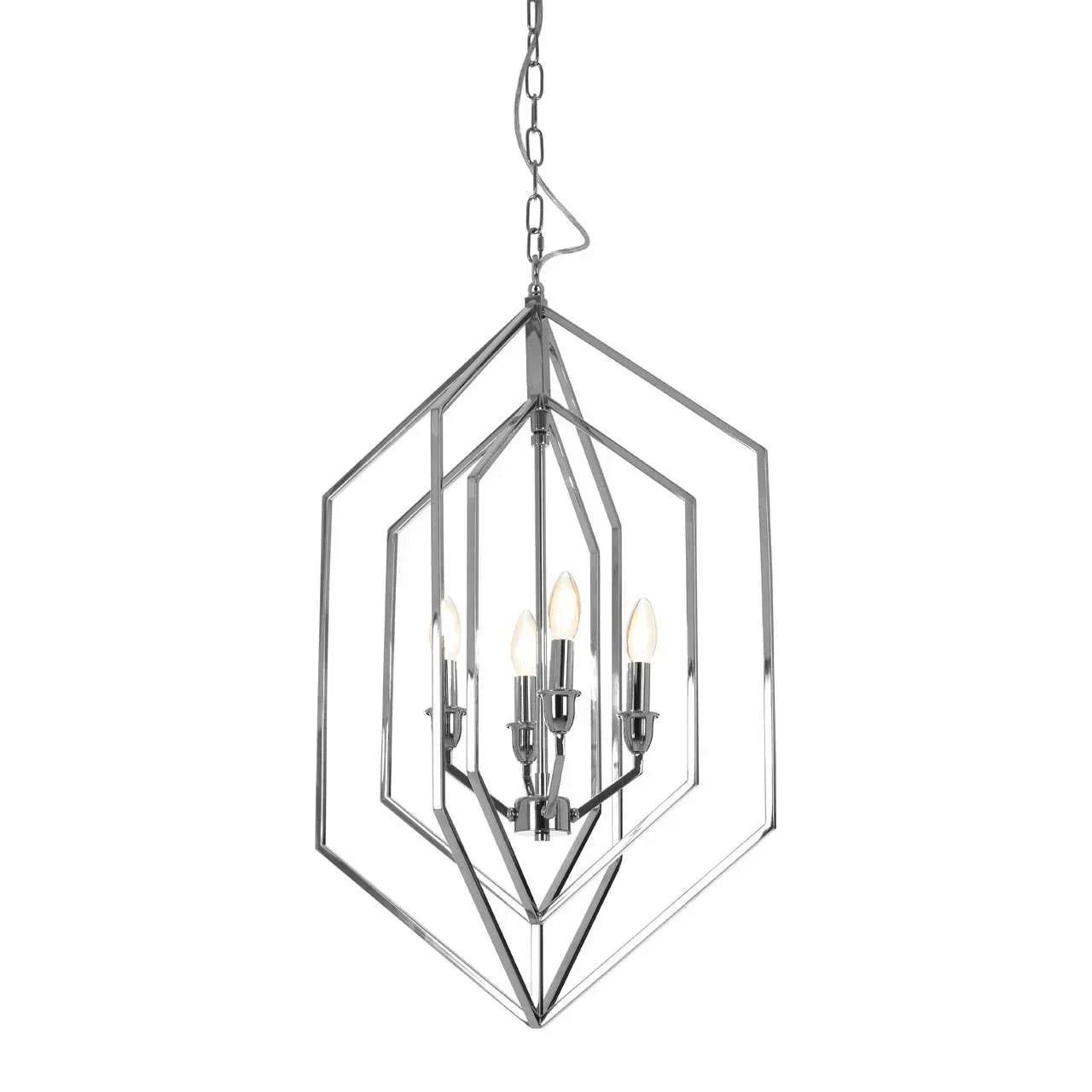 Modern chrome pendant light with geometric metal frame and five candle-style bulbs