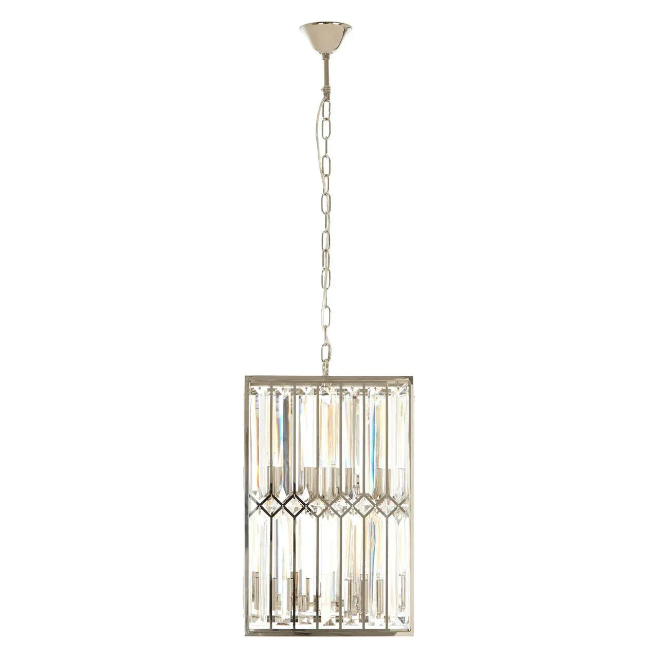 Rectangular crystal chandelier with chrome frame hanging from ceiling chain