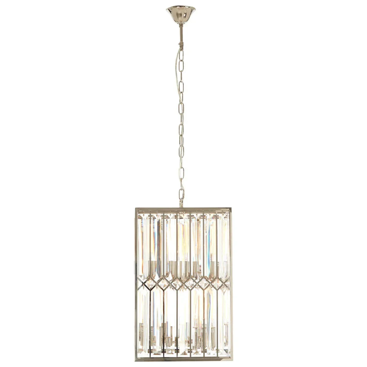 Rectangular crystal pendant ceiling light with chrome frame and chain hanging