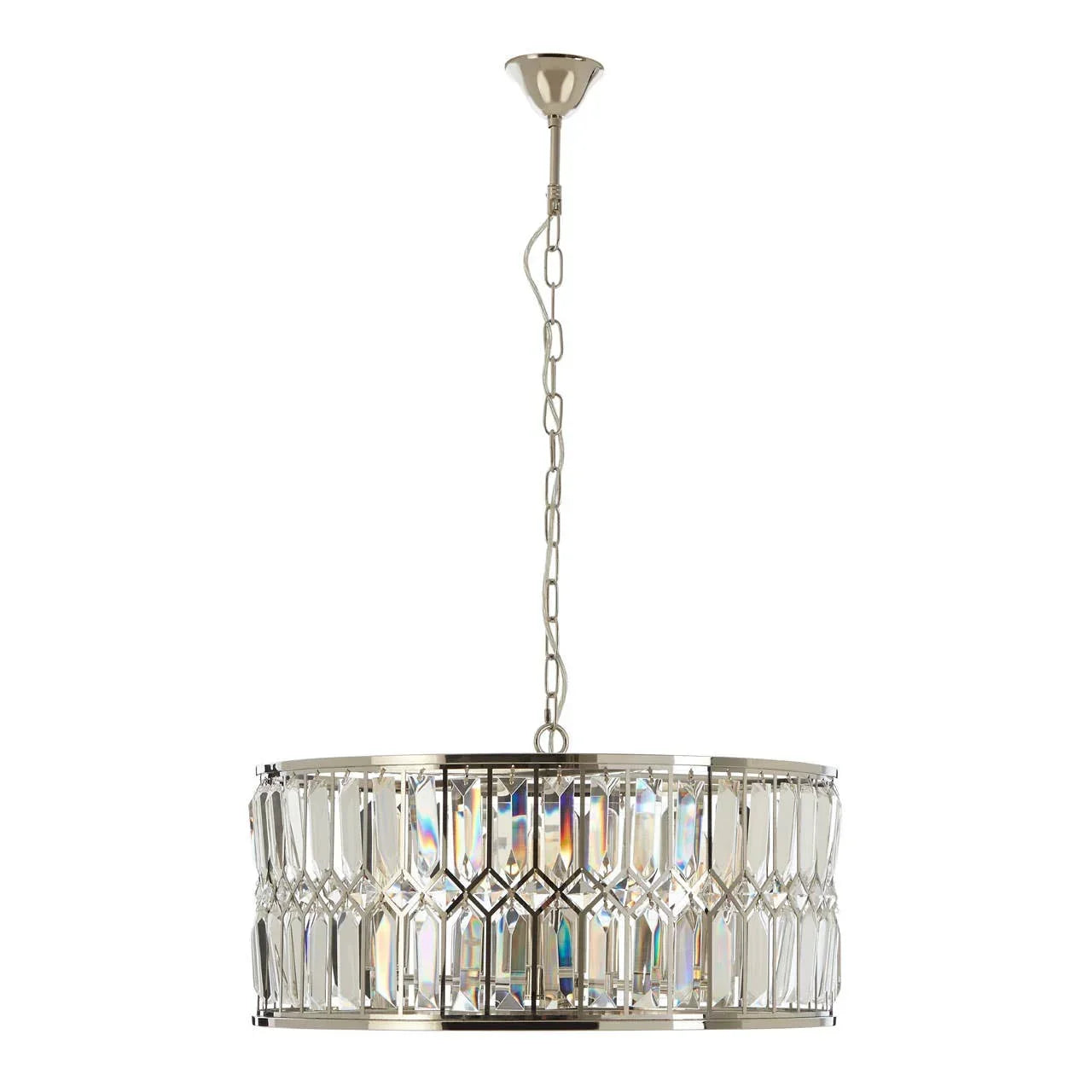 Crystal drum ceiling light with chrome frame and chain hanging against white background