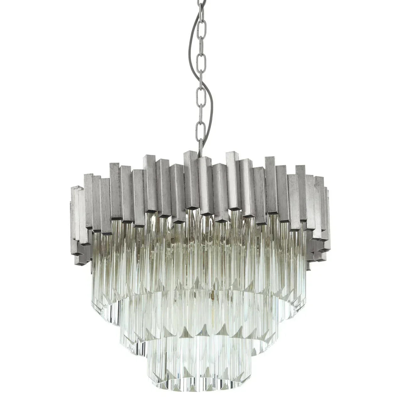 Tiered glass and silver metal chandelier with geometric frame hanging from ceiling chain