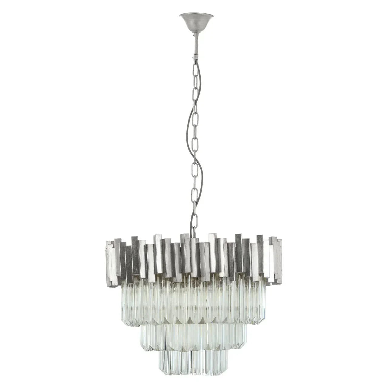 Three tier glass and chrome chandelier with geometric hanging crystals, suspended from a chain