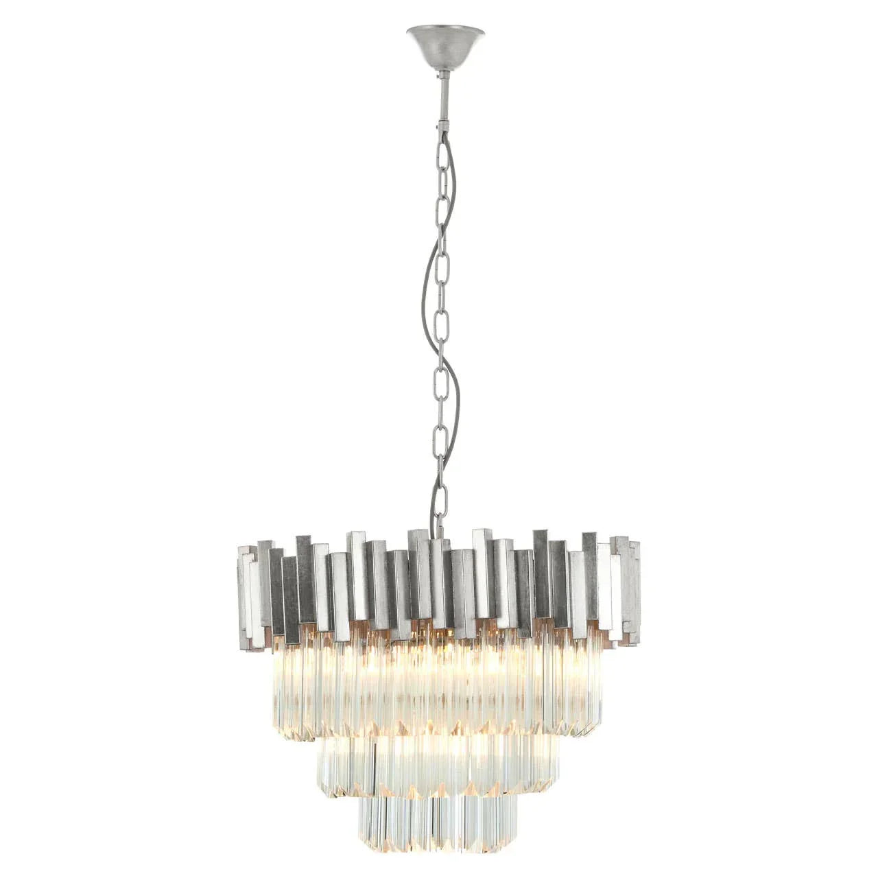 Three tier glass chandelier with silver frame and chain suspension