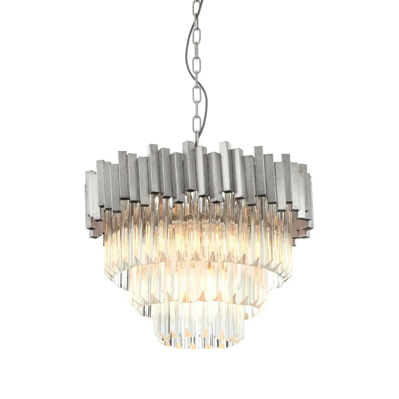 Modern crystal chandelier with tiered glass rods and brushed metal frame, ceiling hanging light