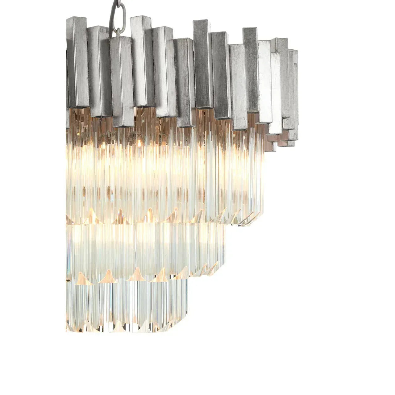 Silver and glass chandelier with tiered rectangular prisms and warm LED lighting