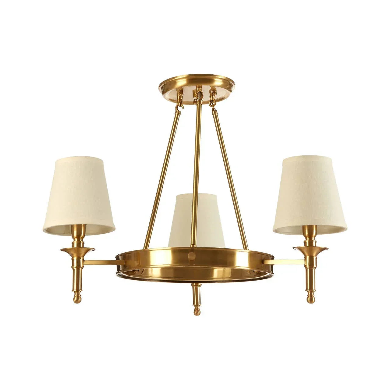 Gold chandelier with three cream fabric lampshades and circular frame, ceiling mounted