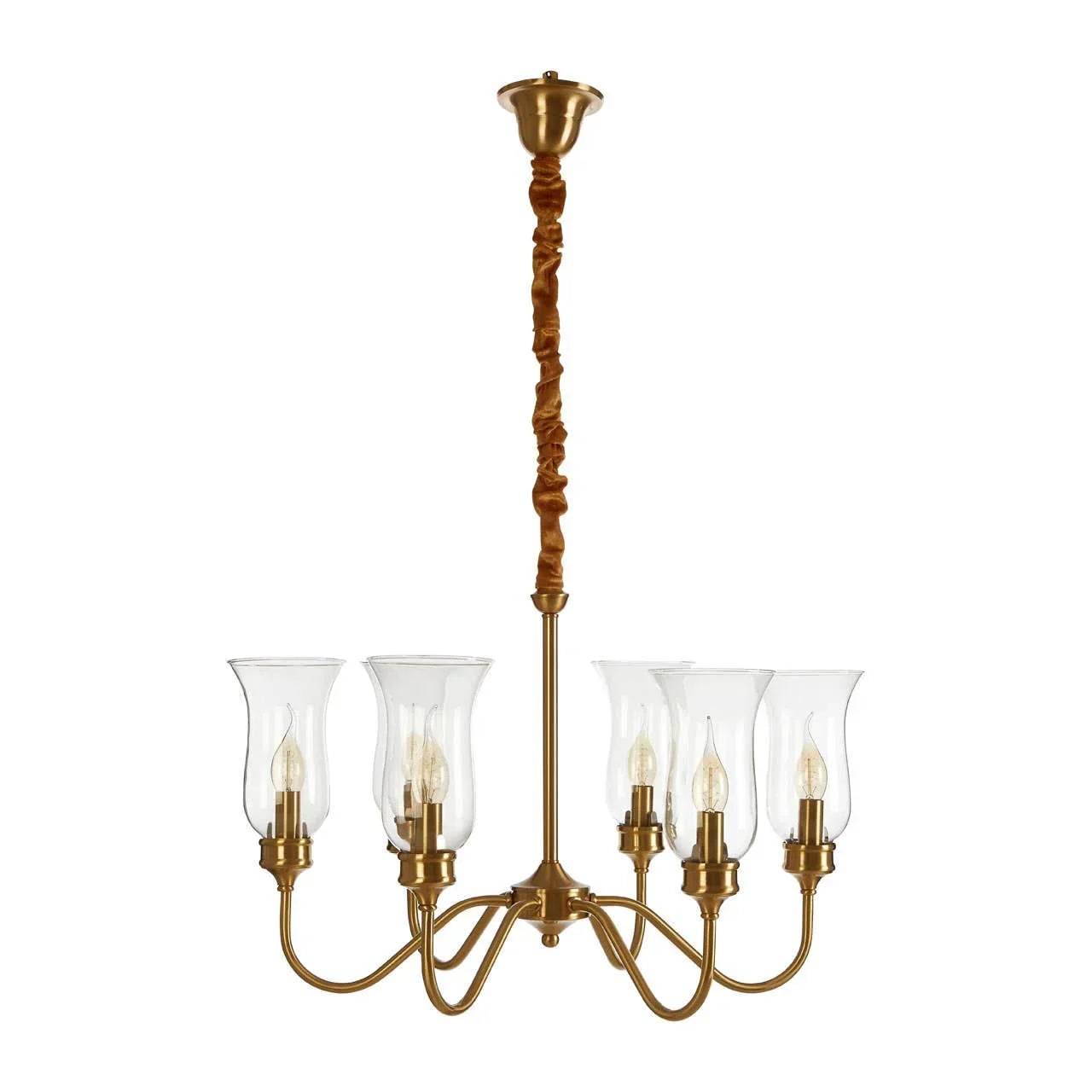 Brass chandelier with six glass shades and exposed bulbs, traditional ceiling lighting