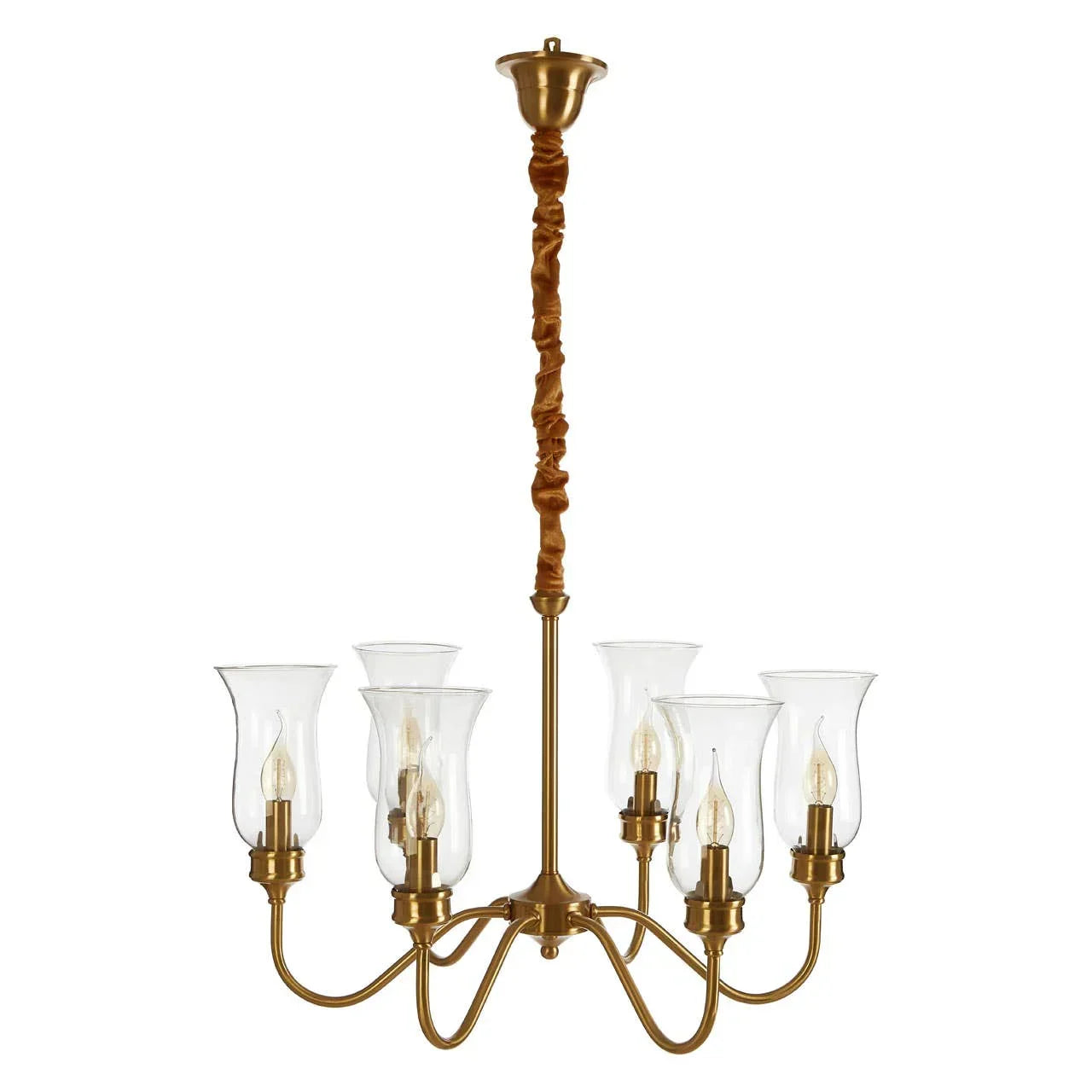 Six arm brass chandelier with curved frame and clear glass lamp shades