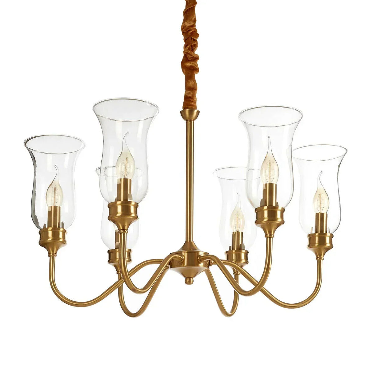 Gold chandelier with six arms and clear glass shades, candles style bulbs, ceiling lighting