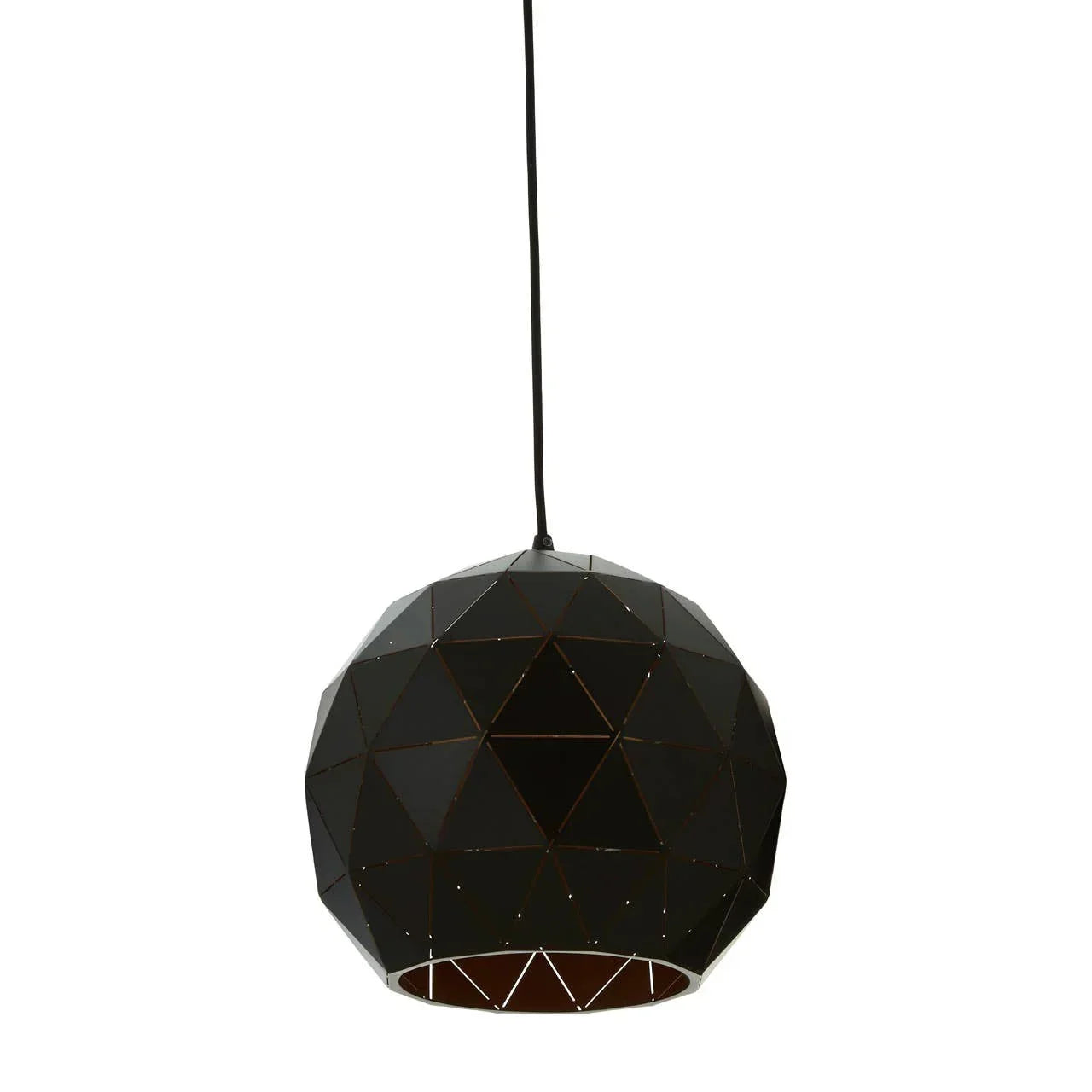 Black geometric pendant light with faceted dome shade and suspended ceiling cable