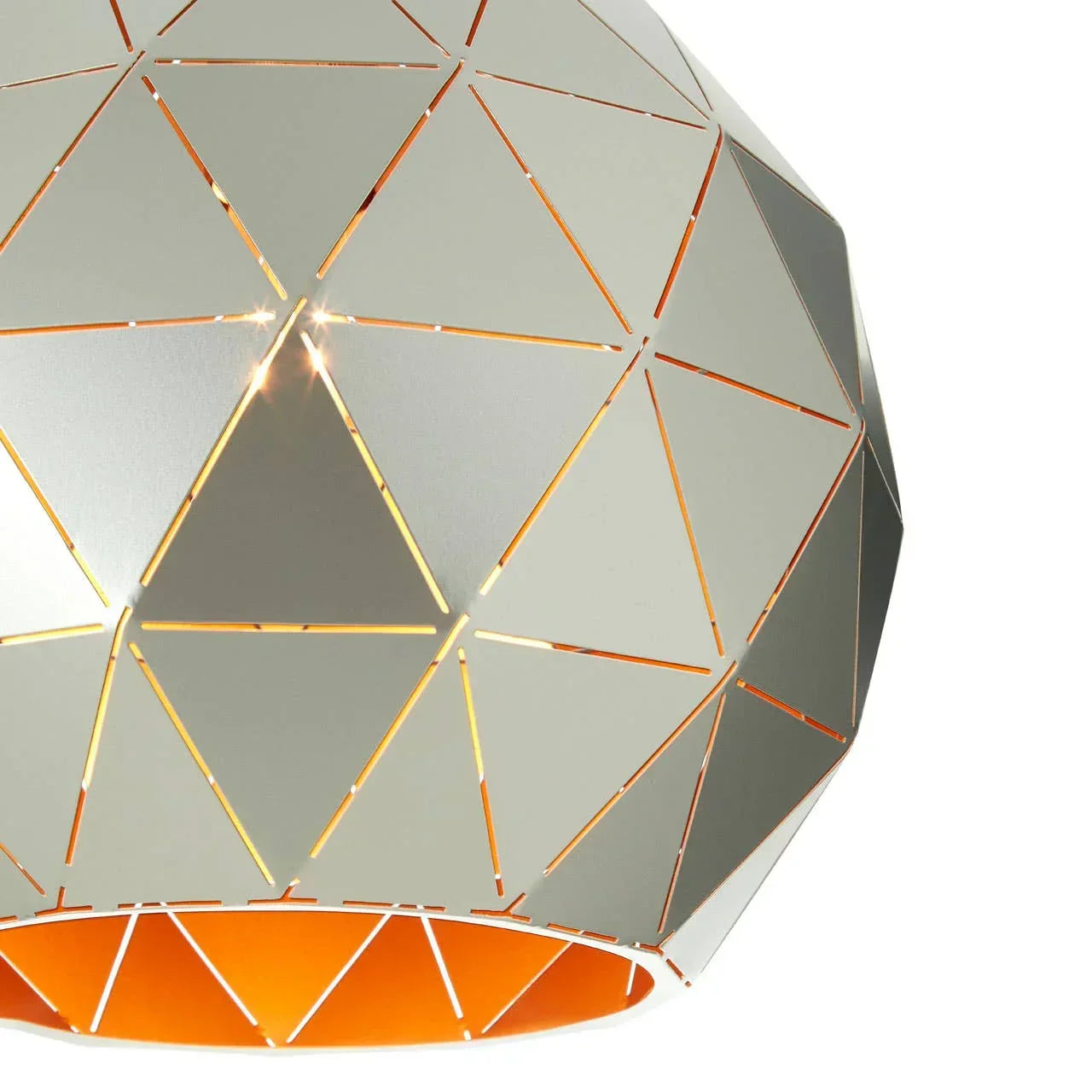 Geometric metal pendant light shade with silver exterior and orange interior detail